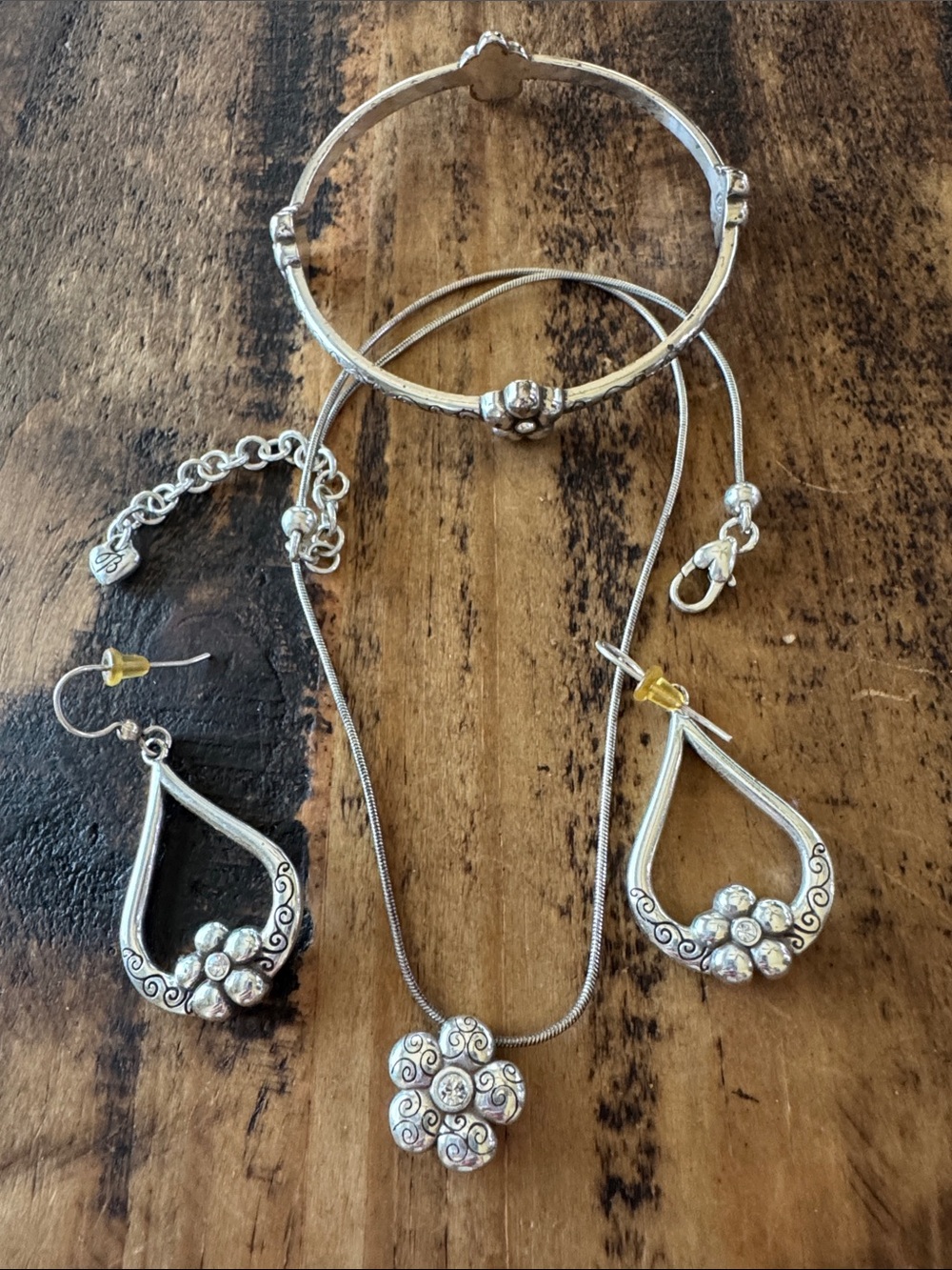 Brighton Silver Floral Necklace and Teardrop Earrings Set with Bracelet